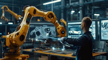Fototapeta premium Manager engineer monitoring automation robot arms in intelligent factory, digital manufacturing and welding robotics, real-time control software