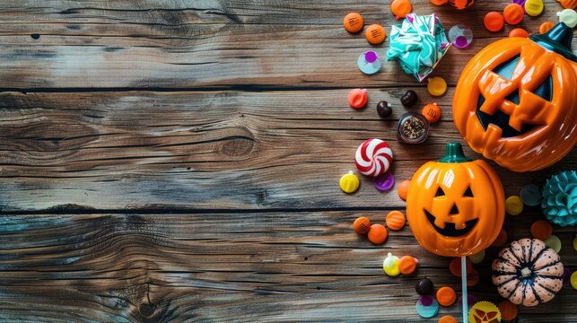 Pumpkin head Jack lantern and Halloween treats in flat lay composition on wooden background with text space