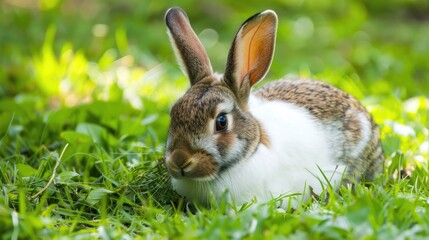 Naklejka premium Rabbit foraging on grass with brown and white fur