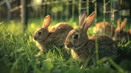 Obraz premium Rabbits in small pens eat grass outdoors