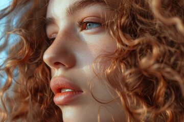 Obraz premium A close-up shot of a woman with curly hair, ideal for use in portraits or beauty products