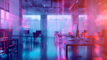 Modern neon cyberpunk open space office interior with information technology overlay, featuring corporate strategy for finance, operations, and marketing, blurred tables with computers for work, ideal