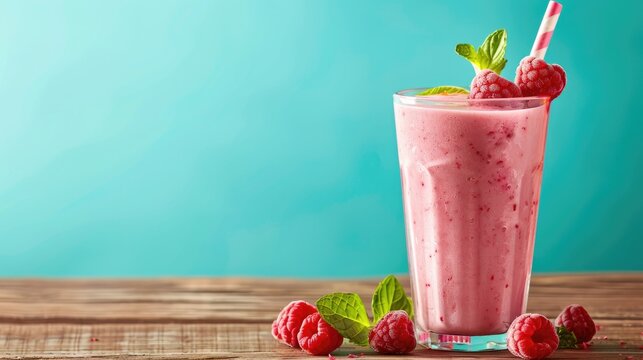 Raspberry smoothie in a glass on wooden table with turquoise backdrop