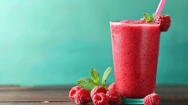 Raspberry smoothie in a glass on wooden table with turquoise backdrop