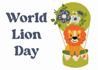 World Lion Day. Postcard on white isolated background. 