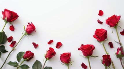 Red roses on white surface viewed from above with available space for text isolated with clipping path