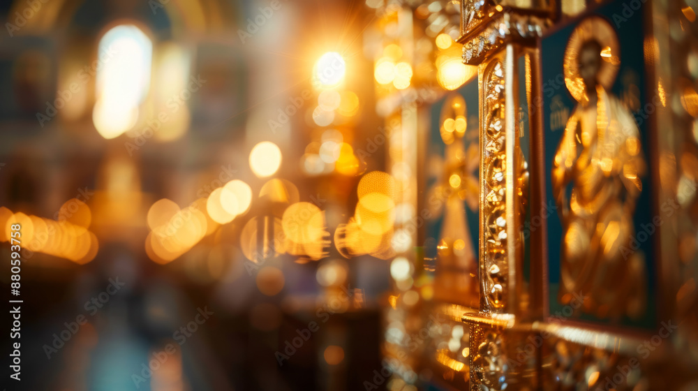 Poster '' closeup of an Orthodox iconostasis with intricate details and golden icons illuminated by soft light 