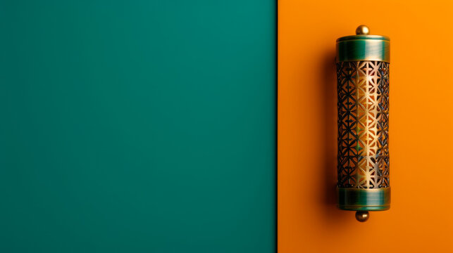 '' closeup of a mezuzah with intricate designs affixed to a doorway isolated on a gradient background 