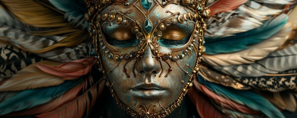 Fototapeta premium Closeup of a person wearing an ornate and exotic feathered mask with intricate designs, highlighting their eyes. Mysterious and captivating.