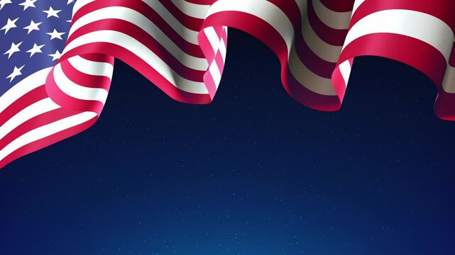 Animated fireworks US flag. USA national holiday. Veterans day, memorial, labor, independence. Greeting card template. Banner. American colorful fireworks flag on night sky background. Seamless loop