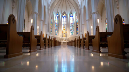 Fototapeta premium '' wide angle of a Catholic church interior with high arches stained glass windows and a grand altar 