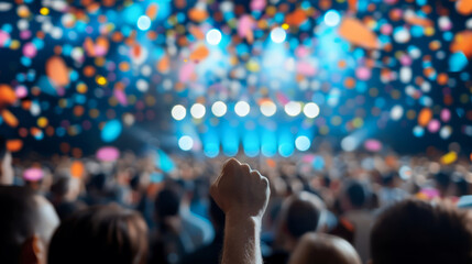'' wide angle of a lively lottery event with a large crowd and a stage where the winning numbers are being announced 