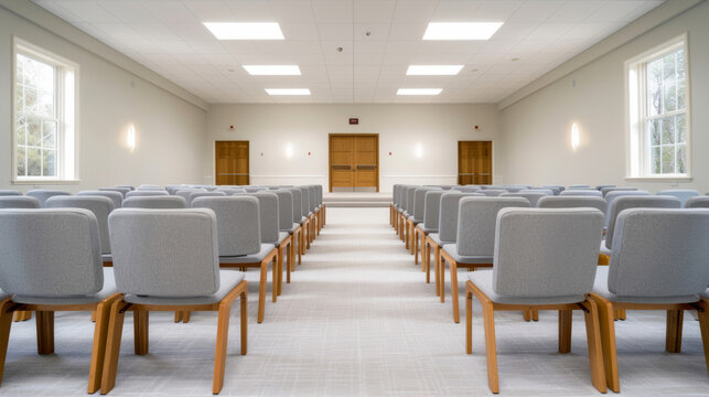 '' wide angle of a Jehovah's Witnesses Kingdom Hall interior with neat rows of chairs and a stage at the front 