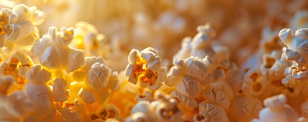 Close-up of freshly made popcorn, overflowing with warm light and irresistible appeal, perfect for movie nights or cinema treats