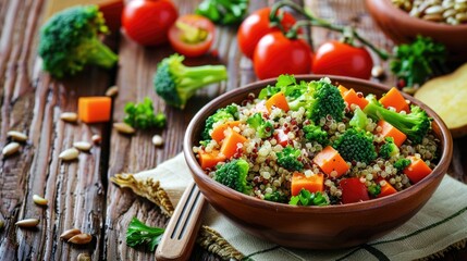 A colorful bowl filled with broccoli, carrots, and other vegetables