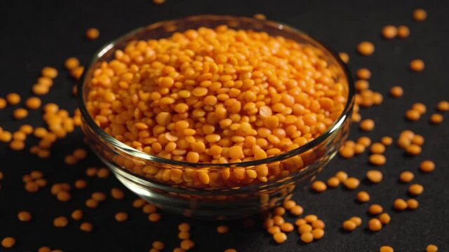 Red lentils in glass bowl. Dry orange lentil grains, heap of dal, raw daal, dhal, masoor, Lens culinaris or Lens esculenta on dark background