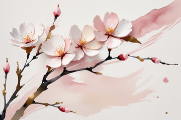 Wallpaper, Greeting card, abstract, minimalist, impressionism. Simplistic shapes and brushstrokes of a flowering sakura branch, watercolor in white/pink shades, and gold accents.