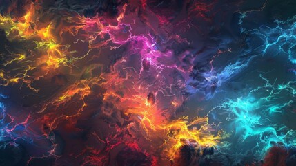 Vibrant lightning storm in abstract background, with flashes of yellow, blue, and pink. Creates dramatic, mystical atmosphere for designs. Eye-catching for banners, posters, flyers