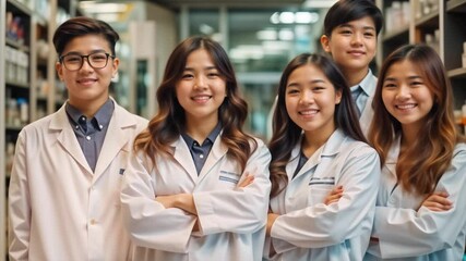 Future Pharmacists: A diverse team of aspiring pharmacists stand confidently in their pristine white coats, embodying professionalism and the promise of healthcare.