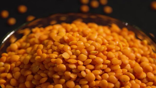Raw red lentils are scattered out of the glass bowl.