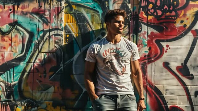 Man standing near graffiti wall