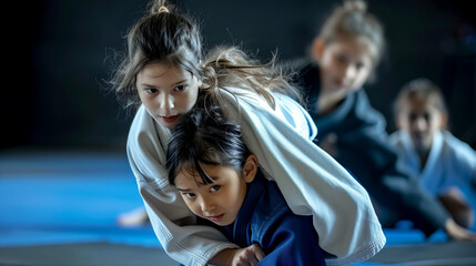 Naklejka premium Two girls practicing judo techniques in a dojo environment.