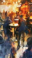 Illustration of a crowded bar with people enjoying drinks and socializing at tables and standing around the bar. The warm lighting and lively atmosphere create a sense of energy and excitement