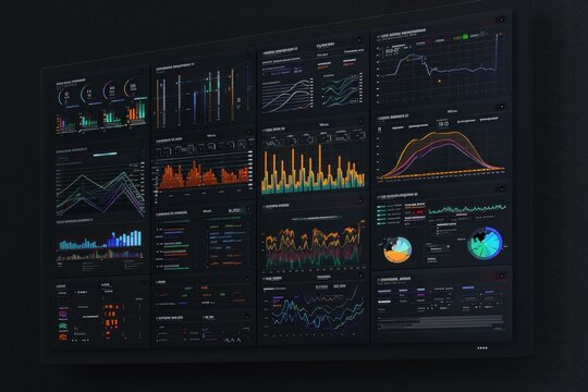 Modern business analytics dashboard is displaying financial information with colorful charts and graphs