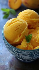 Enjoy mango ice cream with fresh mint in a charming bowl, two ripe mangoes in the background. Perfect for a hot summer day, this homemade treat is a refreshing burst of sweetness