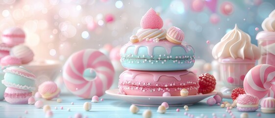 Pastel colored pastries and donuts on a blue background.