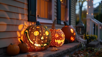 Pumpkin lanterns lit up as Halloween decor