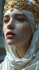 A Pretty Princes In White Dress With Tears On Her Face On Defocused Background