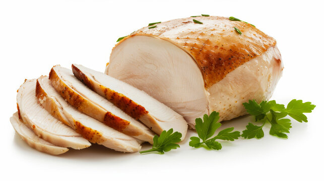 close-up of a carved Thanksgiving turkey with slices of white and dark meat, isolated on a white background, succulent and tender 