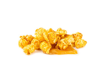 Sweet caramel popcorn isolated on white background. Salted caramel popcorn. Caramel sauce. Close up. Topping.