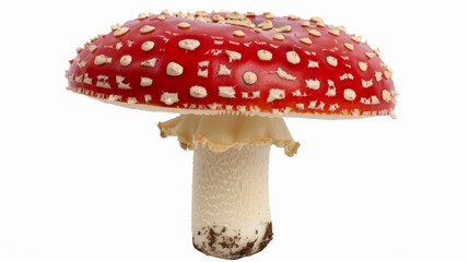 Obraz premium close-up of a mushroom with a red cap and white spots, isolated on a white background, whimsical and vivid 