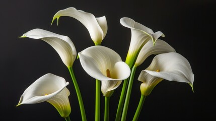 Group of elegant white calla lilies are gracefully posing against a simple black background. Their pristine beauty and simplicity create a striking contrast