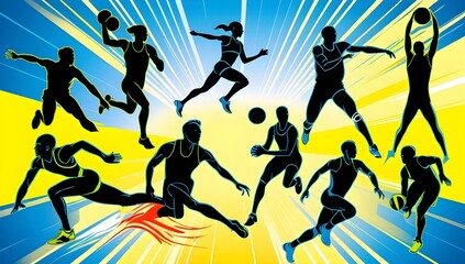 Sports, set of athletes of various sports disciplines. Isolated vector silhouettes. Run, soccer, hockey, volleyball, basketball, rugby, baseball, american football, cycling, genetative ai