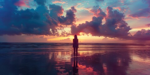 A person stands on the beach as the sun sets in the background