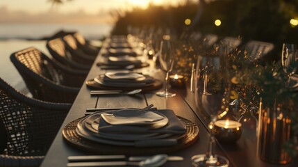A formal table set with plates, glasses, and candles