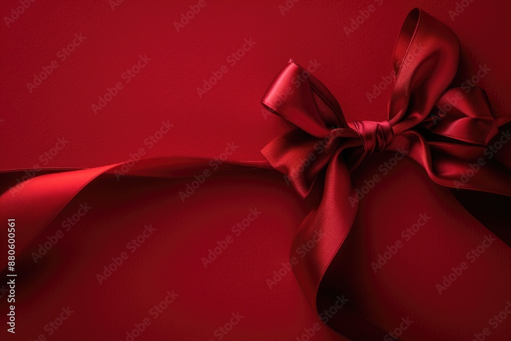 Poster a red ribbon with a decorative bow on a solid red background