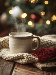 A steaming cup of hot chocolate sits atop a table, perfect for a cozy morning or afternoon