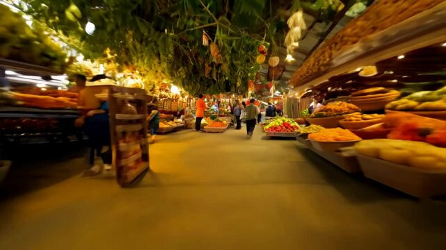 Continuous Hyperspeed FPV Footage Seamless Flight Through Bustling Market with Colorful Stalls and Lively Interactions