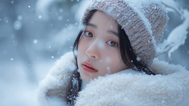 A woman wears a hat and coat in snowy conditions, suitable for winter scenes or cold weather themes