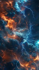 Obraz premium Blue and orange lightning bolts are illuminating the night sky, creating a dramatic and powerful scene of nature's fury