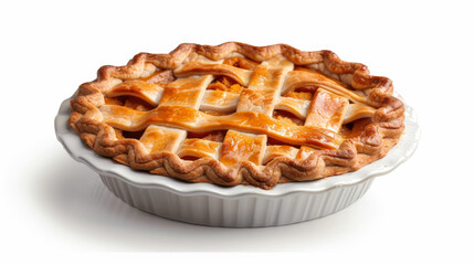 detailed view of a whole pumpkin pie with a lattice crust, isolated on a white background, rich orange filling 