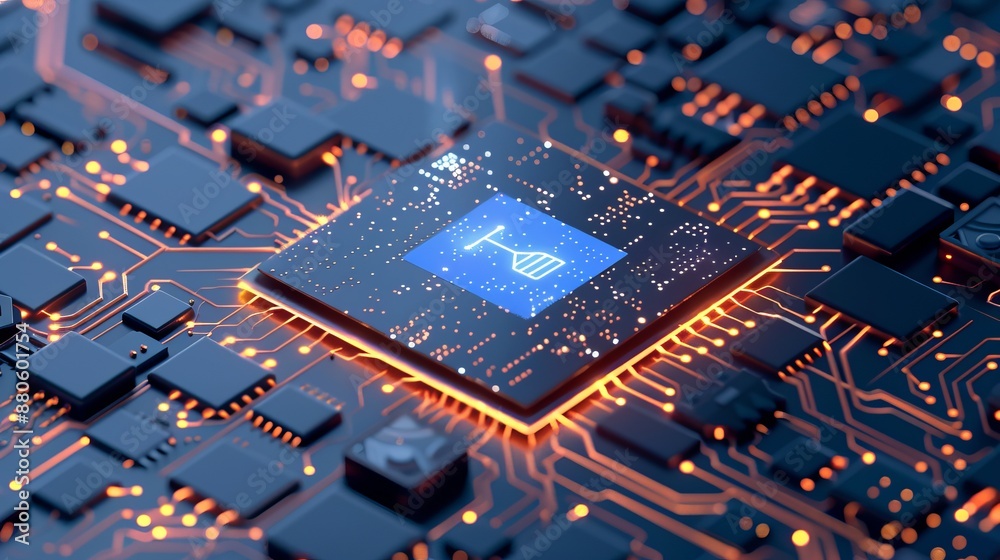 Poster powerful computer processor microchip with ai technology word, conceptual illustration of artificial