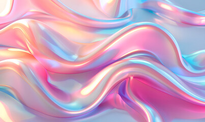 A close-up view of a digitally rendered abstract design of iridescent waves in pink, blue, and orange colors