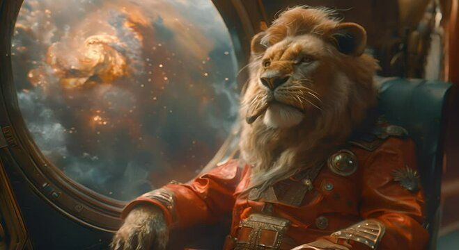 Majestic lion dressed as a space explorer gazing out of a spaceship window at a cosmic nebula