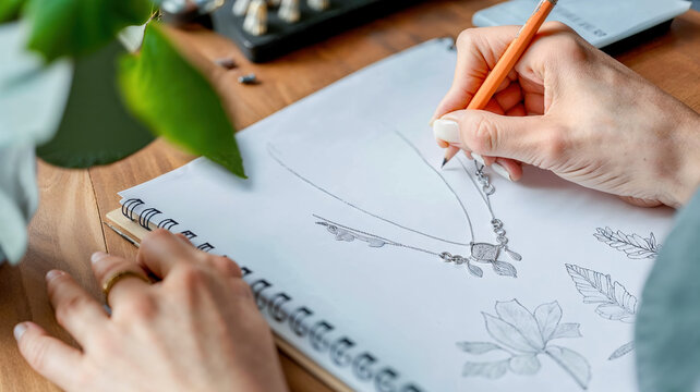 un dessin de collier avec une main de femme qui tient un crayon, elle est cr&eacute;atrice de bijoux