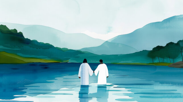 Jesus baptizing a follower in the river Jordan, watercolor effect, soft blues and greens, serene and spiritual moment 
